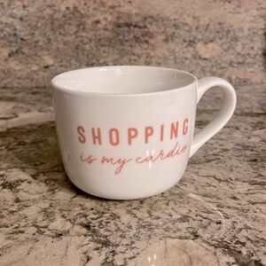 OPALHOUSE 14 ounce SHOPPING is my cardio MUG porcelain white with pink writing